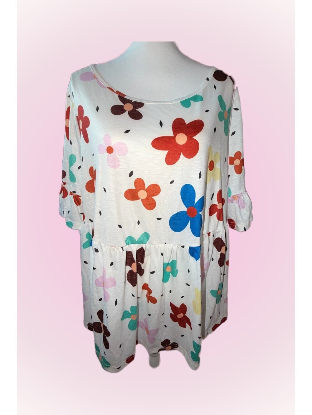 SHEIN Size 22 Plus White Multicolor Floral Babydoll Tunic Top 3/4 Ruffle Sleeve